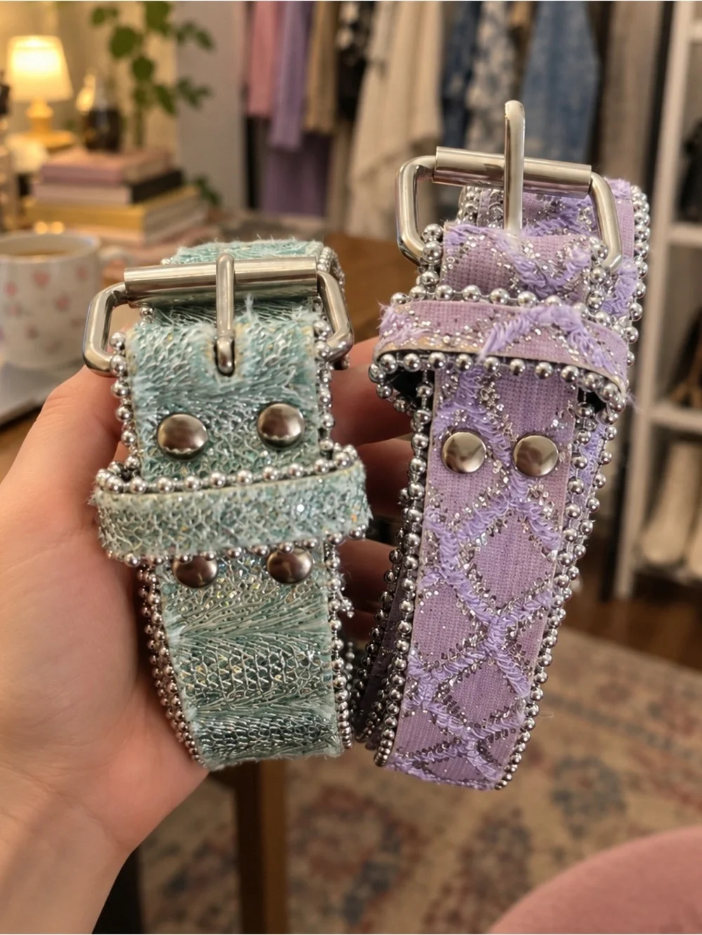 Y2K Embellished Belt Set Mint Lavender Silver Buckles